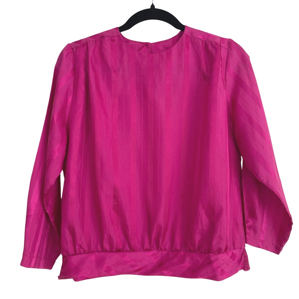 Vintage Orare Fuchsia Pink Striped Blouse Smocked Waist Made in USA Size 10